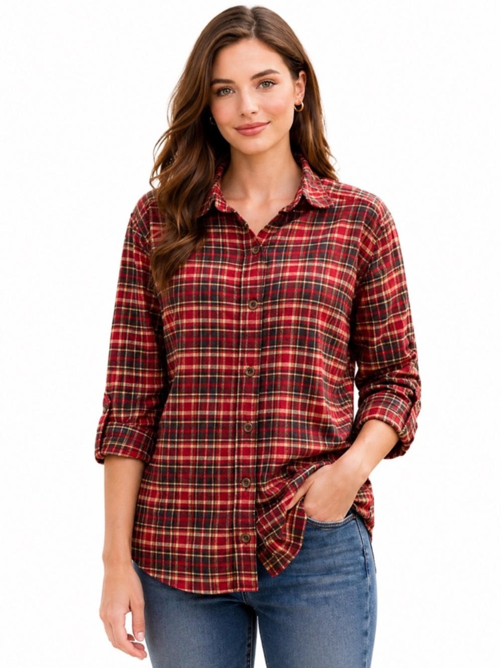L.L.Bean Outdoors Plaid Flannel Button Shirt Red Brown Cotton — Size M